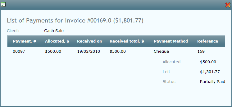 view payment details for partially paid invoice